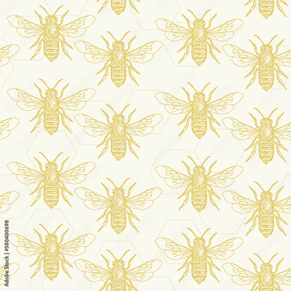 Fototapeta premium Decorative pattern with honeycombs and bee. Monochrome yellow insect on background.