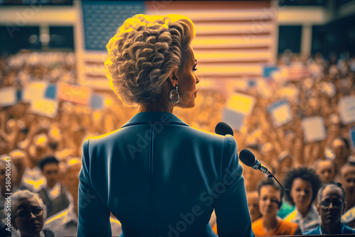 Presidential woman girl candidate speaks stage rostrum, agitating to vote for team, crowd voters backdrop United States of America flags. Election campaign ahead elections authorities. Generative AI