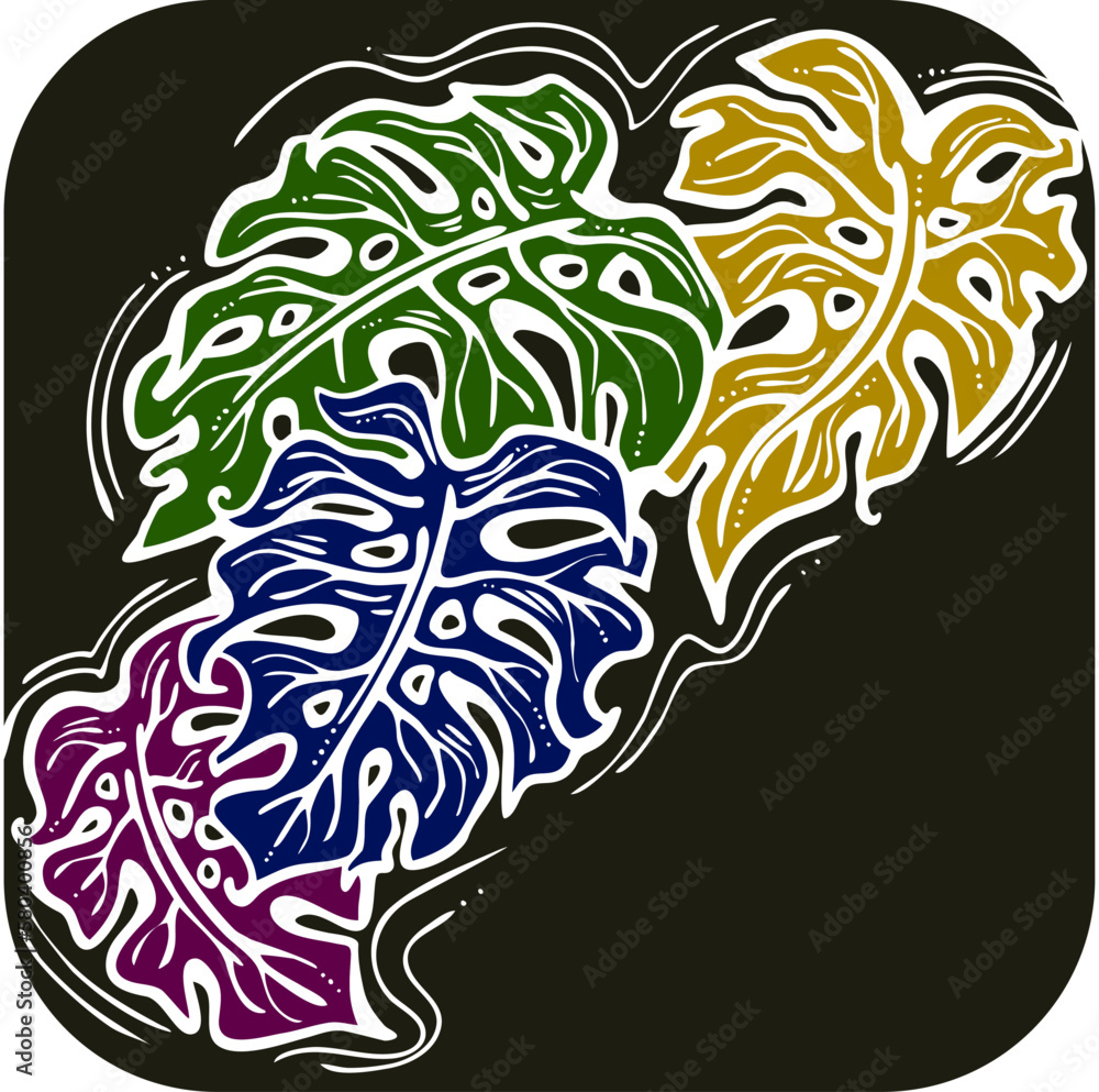 Monstera tropical green leaf drawing. Exotic nature palm plants theme illustration, decorative vector element for logo design, postcard, party invitation deco, restaurant menu, spa salon. Hand drawing