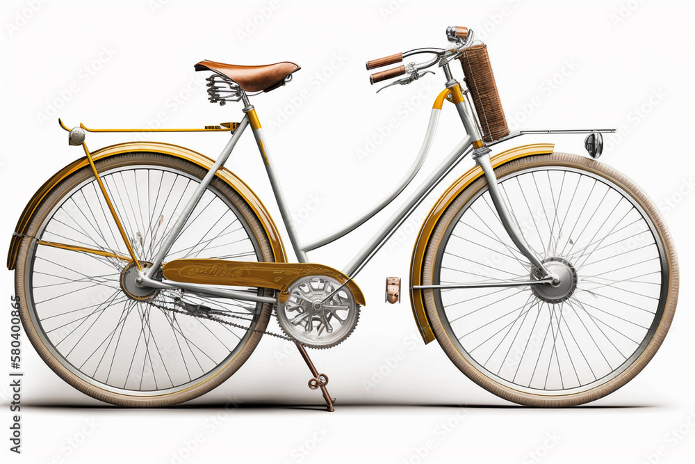 Vintage cute bicycle on white isolated background.Side view.Created with generative ai
