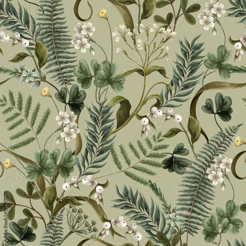 Seamless pattern with white flowers, fern and leaves. Botanical illustration. Vector.