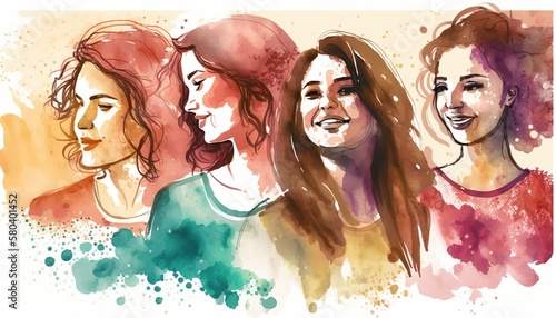 Gruppe von glücklichen, jungen Frauen.  Illustration im Wasserfarben-Stil  (Generative AI)