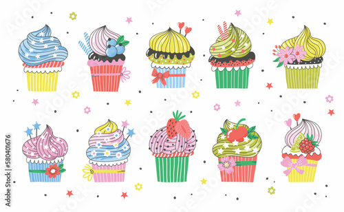 Clipart collection with colorful cupcakes for design. Food decorative pictures in bright colors. Hand-drawn trendy vector illustration with berries, sweets and flowers.