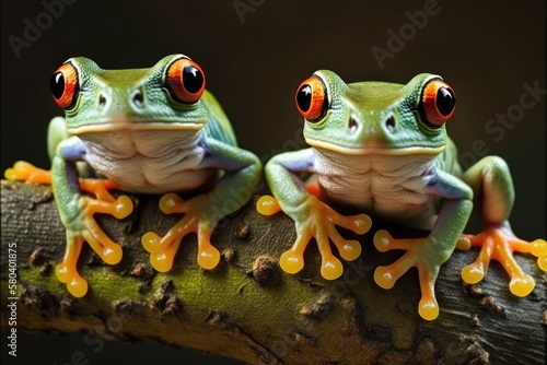 Tree frogs with red eyes smile. Generative AI