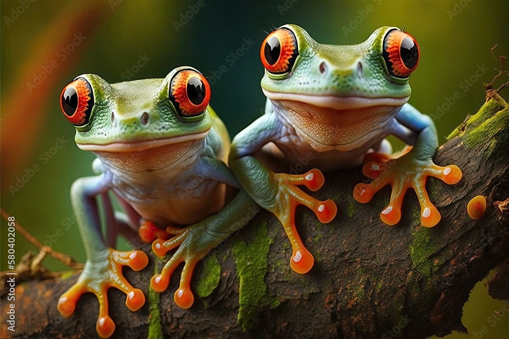 Fototapeta premium Tree frogs with red eyes smile. Generative AI