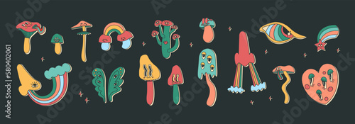 Set of classic psychedelic cartoon mushrooms with faces, eyes, tongues and cheeks, nose and eye with rainbow. Cute vector multicolor illustration for design. Hallucinatory elements.