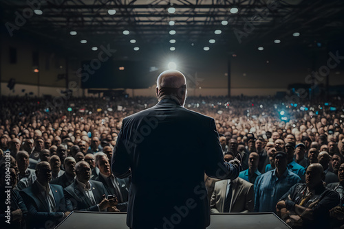 The politician deputy speaks on the stage in front of a crowd of people of citizens, promoting his ideas and views. Propaganda, slogans, political regime. Generative AI