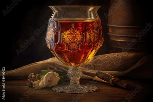 Photo Beautiful glass of honey mead in an illustrated styled photo shoot with decanter