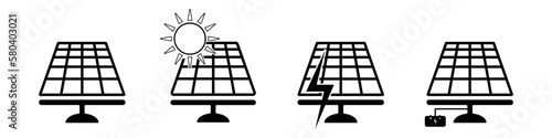 Solar panel with sun energy. Green energy. Sun power station. Vector icon illustration.