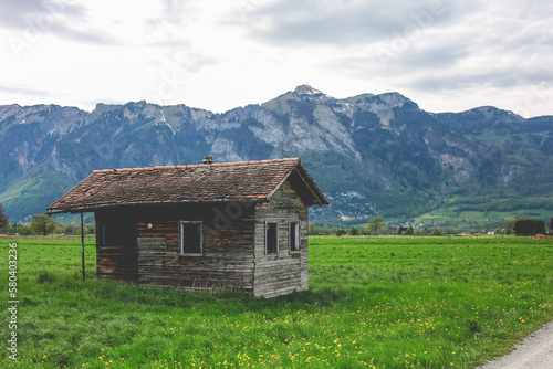 Wooden alpine hut on meadow valley
