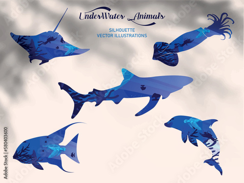Seascape inside silhouette animal, underwater scape sea animals vector illustration.