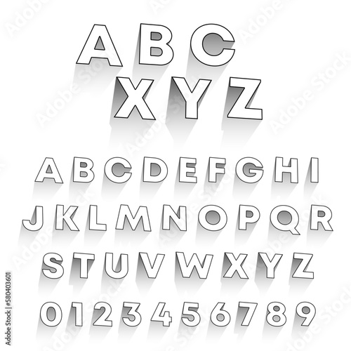 Black and White alphabet with shadow. Set of letters and numbers 3D design. Vector illustration.