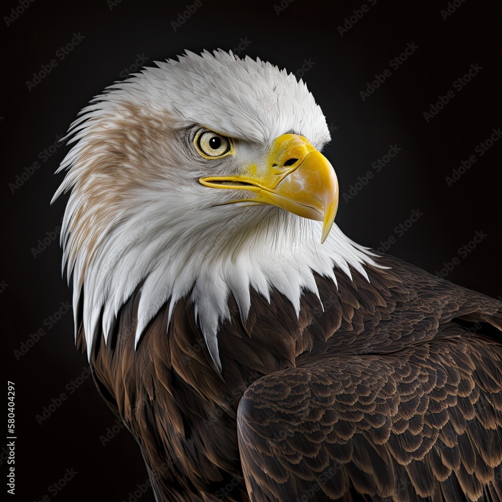 Fototapeta premium American bald eagle close up head detail portrait, cropped, side view. Generative AI illustration.