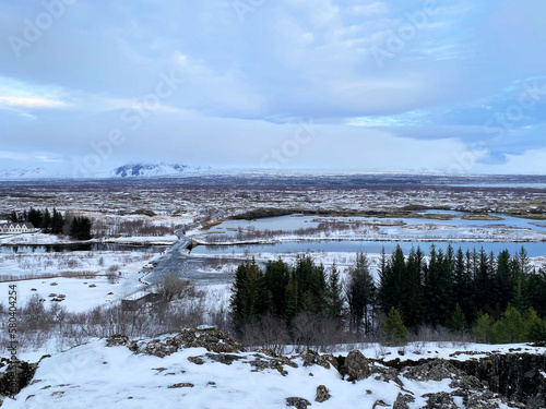 Icelandic landscape with fjord  lake and mountains in winter at Pingvellir National Park