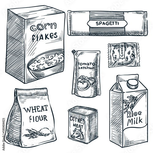 Food in packages, grocery supermarket set. Cardboard boxes, plastic packaging, hand drawn vector sketch illustration