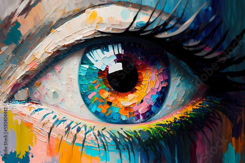 Conceptual abstract image of the eye. Oil painting in bright colours. Conceptual abstract close-up oil painting and palette knife on canvas.