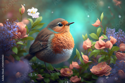 Adorable Bird Perched On Blooming Spring Blossoms, Cute Bird Sitting On Fresh Spring Flowers, Generative Ai © Ash