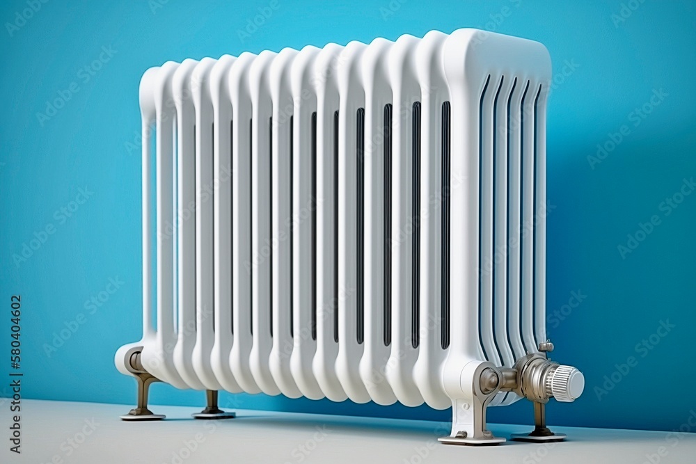 White Radiator with Solid Light Blue Background - AI Generated White Radiator with Solid Light Blue Background - AI Generated