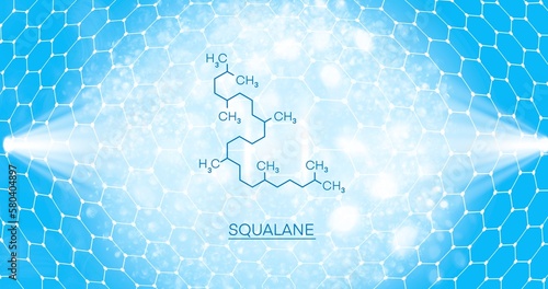 Squalane molecule on an interactive panel with spotlight, display.3d illustration of the squalane molecule.Projection of a squalane molecule on a background of hexagons. Scientific banner about beauty photo