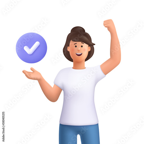 Young smiling woman and successful check mark close up button. Task completion, complete business assignments, time management concept. 3d vector people character illustration. Cartoon minimal style.