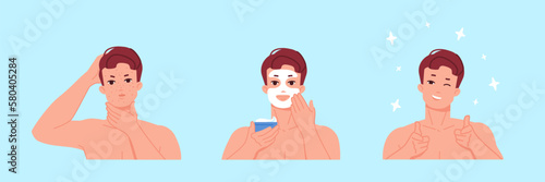 Boy acne treatment. Teenager with adolescence skin changes, men pimple treatment cosmetology, man before after pimples trouble wash facial lotion, male portrait vector illustration