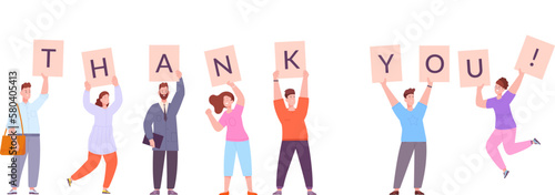 People thank poster. Service teamwork thanking happy customers, thankful clients man woman marketing group holding thanks posters gratitude appreciation concept vector illustration