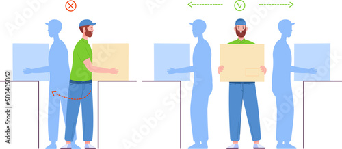 Load handling in workplace. Loadman proper and incorrectly posture carry heavy box wrong loading right position for loader back, object lifting manual, splendid vector illustration