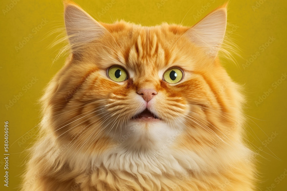 The picture of a ginger cat with a big smile, set against a yellow background. Red cat face with a smile that is funny. Big green eyes. checking out the camera. Red fluffy cat. Sign for the website. A