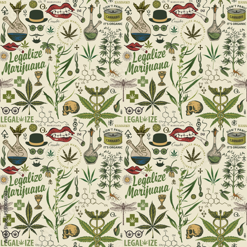 Vector seamless pattern in retro style on the theme of legalize marijuana. Color repeatable background with hemp leaves, cannabis plants, other sketches and inscriptions on an old paper backdrop