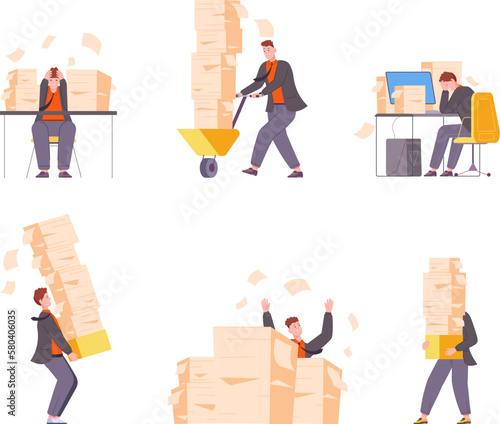 Paper workload. Frustrated businessman with stack photocopy document, busy employee overworked pile paperwork chaos
