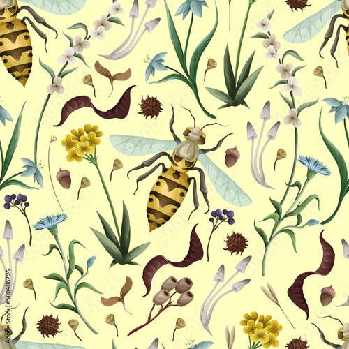 Seamless pattern with wasp and florals. Vector
