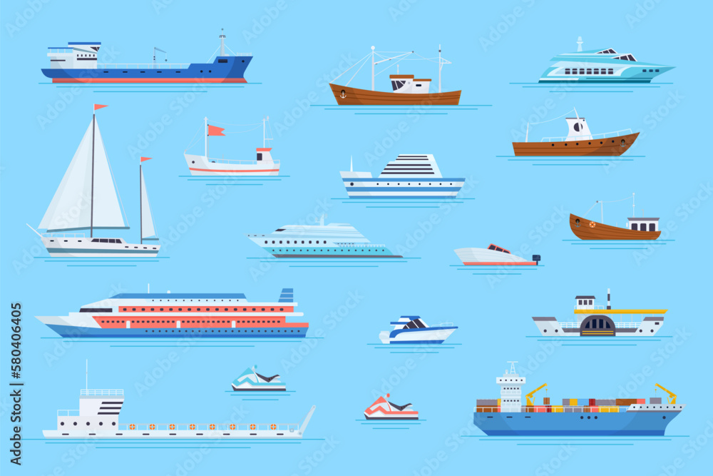Cartoon ships harbor. Marine carrier boats on river ferry port dock side view, ocean tanker cargo container nave yacht modern sailboat speedboat cruise vessel vector illustration - obrazy, fototapety, plakaty 