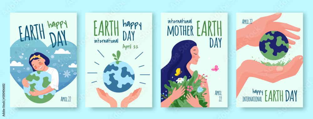 Renewable earth posters. World planet day card, girl hugging green globe save ecology environment nature protection concept