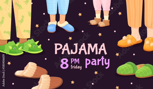 Pajama party. Sleepover invite for kids holiday birthday night, child friends feet in pajamas pants funny slipper pyjama happy bed slumber kid legs, background vector illustration