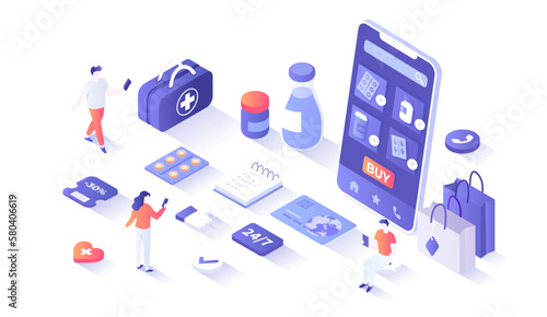 Online pharmacy, medical store. Health service, medical care app. Healthcare, doctor prescription, medicaments in drugstore. Isometry illustration with people scene for web graphic.