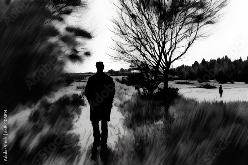 Lonely man walking down the path, in black and white