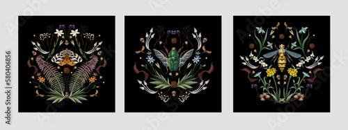 Illustration with wasp, cockchafer, butterfly, fern and flowers. Vector.
