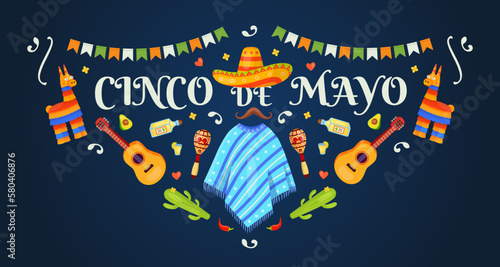 Cinco de mayo banner. Mexican fiesta background design mexico folk holiday or birthday party frame, margarita guitar pinata spanish hat maracas tequila cartoon vector illustration