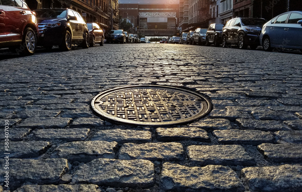 Manhole cover in an old cobblestone street lined with parked cars in the Tribeca neighborhood of New York City