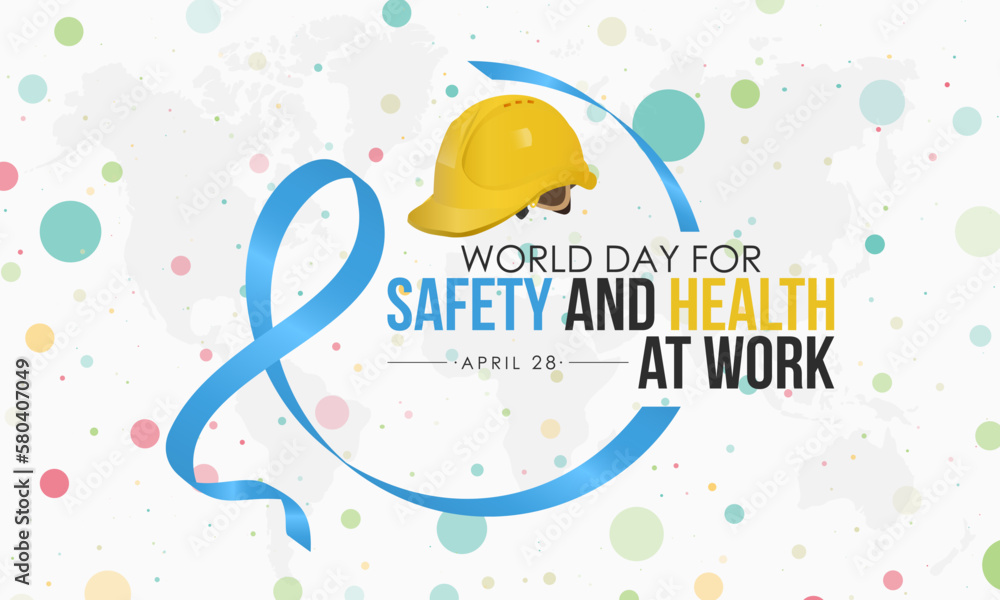 world day for safety and health at work. helmet with circle awareness ribbon for safe and healthy working days with colorful dot halftone confetti effect in white background. Observed on April 28 world day for safety and health at work. helmet with circle awareness ribbon for safe and healthy working days with colorful dot halftone confetti effect in white background. Observed on April 28