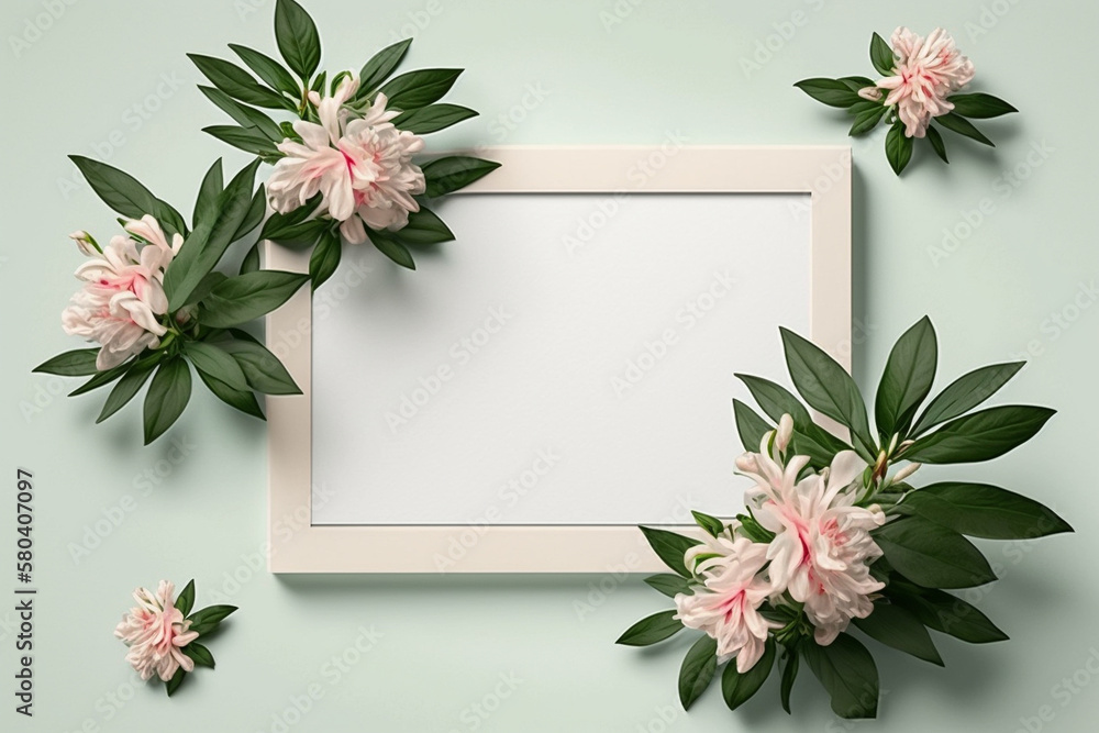 Floral banner, with empty white frame for text copy space. Spring, natural flowers wallpaper or greeting card.