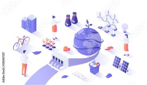 Ecology, Green city, Eco planet. Bio technology ideas. Solar panels, wind turbines, hydroelectric station, recycling, save energy. Isometry illustration with people scene for web graphic.