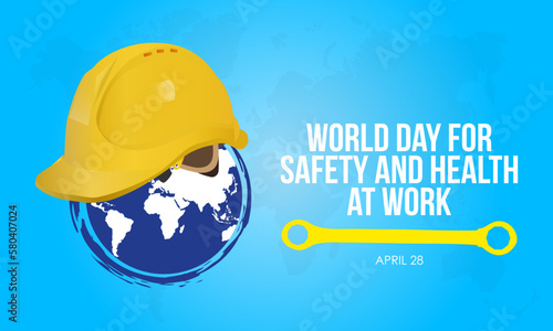 world day for safety and health at work. Planet Earth, wrench and helmet for safe and healthy working days with blue background. Observed on April 28