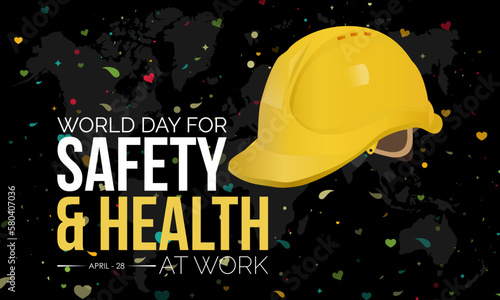 world day for safety and health at work. Construction helmet for safe and healthy working days with colorful halftone confetti effect in black background. Observed on April 28