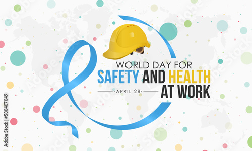 world day for safety and health at work. helmet with circle awareness ribbon for safe and healthy working days with colorful dot halftone confetti effect in white background. Observed on April 28