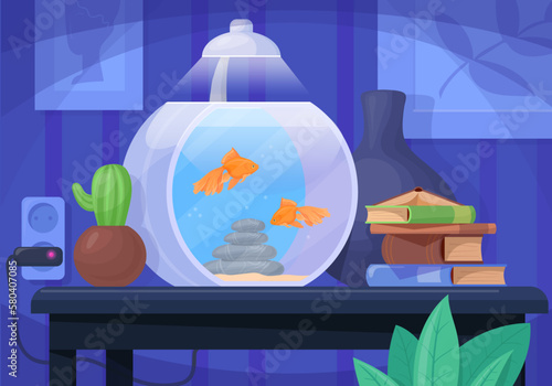 Indoor aquarium. Cartoon room interior with fish pet tank under lamp on table, acquariam drawer for small sea fishes, lighting furniture house decoration, neat vector illustration