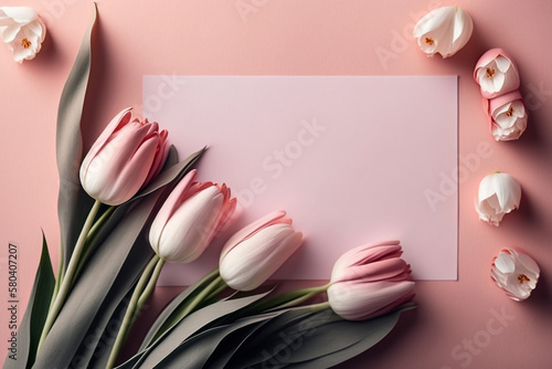 Floral banner, a pink pastel tulip flower and note paper book with empty space for copy text, pastel pink background.