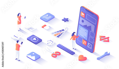 User Interface UI and User Experience UX design. Interface construction. Mobile application, program development. Isometry illustration with people scene for web graphic.