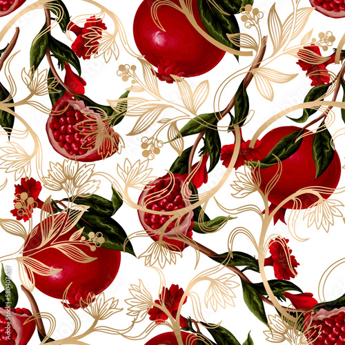 Seamless pattern with .pomegranates branches and gold branches. Vector