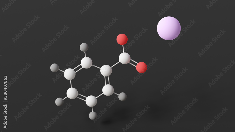 sodium benzoate molecule, molecular structure, food preservative e211, ball and stick 3d model, structural chemical formula with colored atoms sodium benzoate molecule, molecular structure, food preservative e211, ball and stick 3d model, structural chemical formula with colored atoms